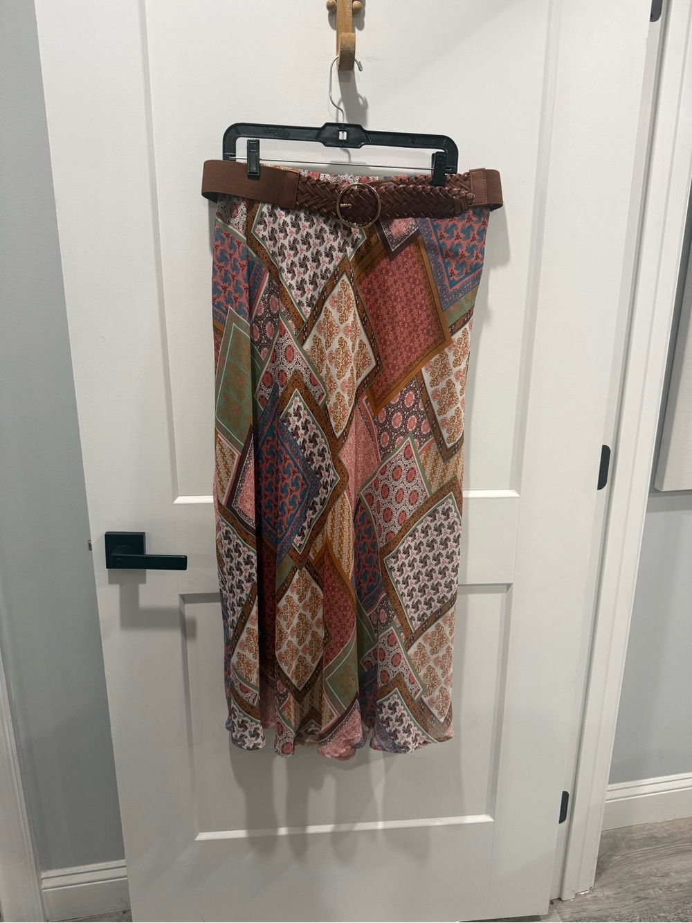 Westport Brown Multicolor Hippy Boho Patchwork Maxi Skirt with Belt